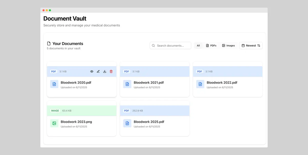 Document Vault Interface - Organized storage for all health documents